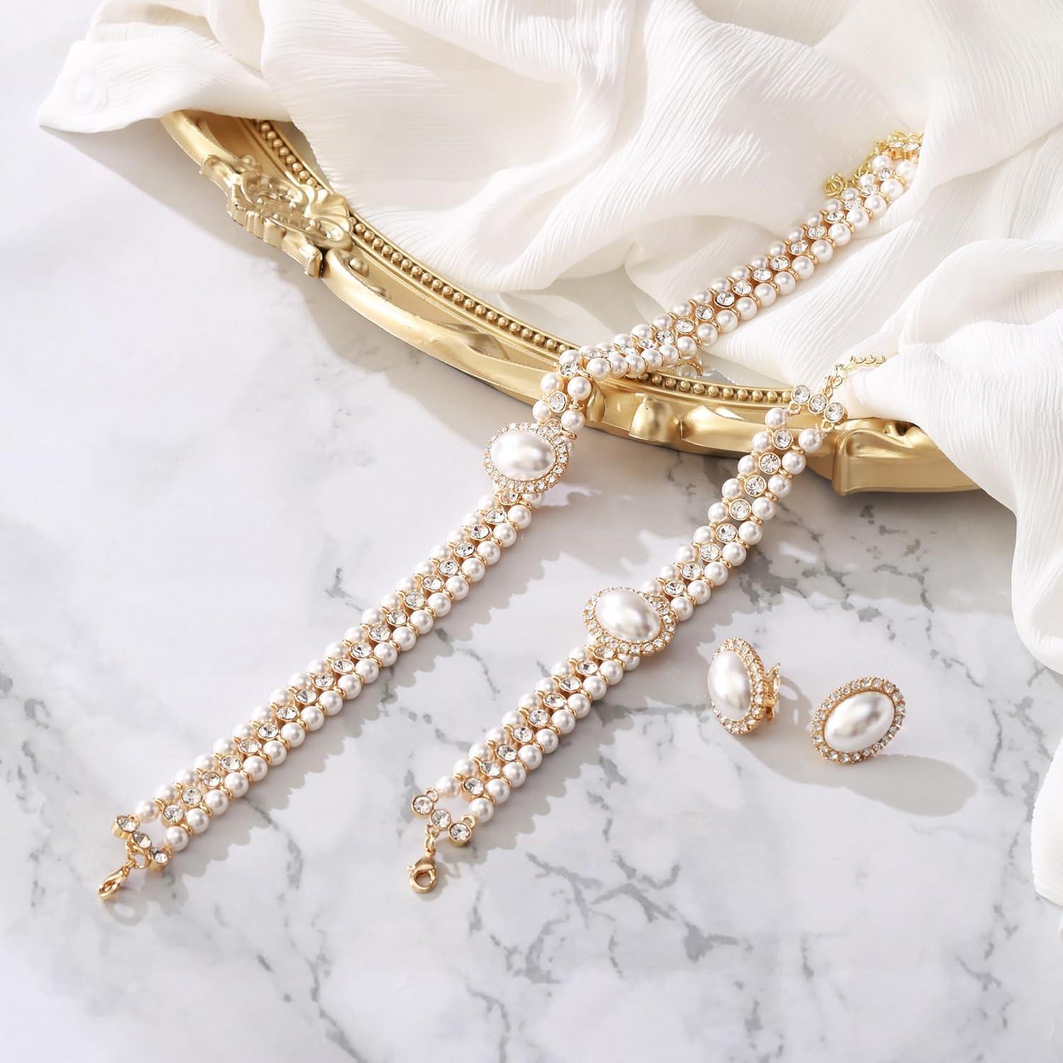 imageBriLove 1920s Costume Jewelry Set for WomenVintage Multilayer Simulated Pearl Crystal Necklace Bracelet Earrings Cosplay Party AccessoriesClipOn