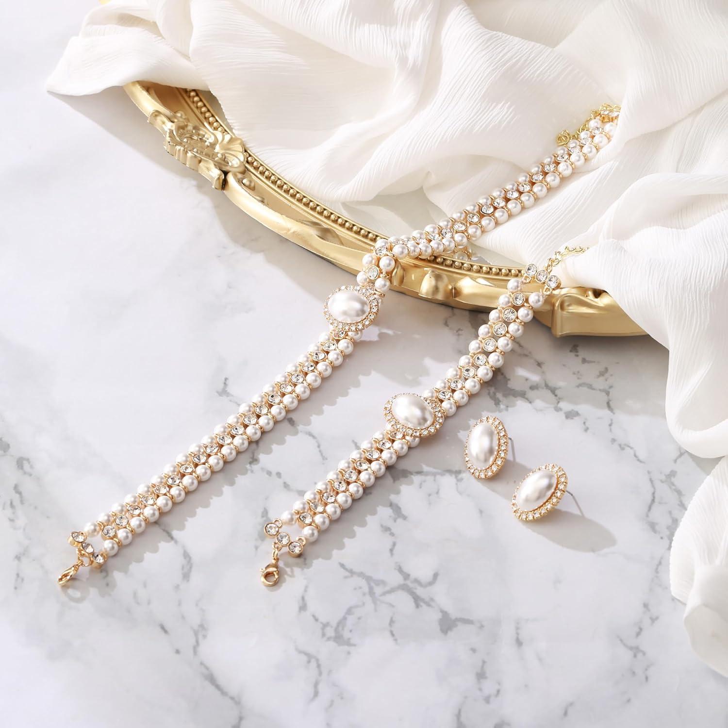 imageBriLove 1920s Costume Jewelry Set for WomenVintage Multilayer Simulated Pearl Crystal Necklace Bracelet Earrings Cosplay Party AccessoriesStud