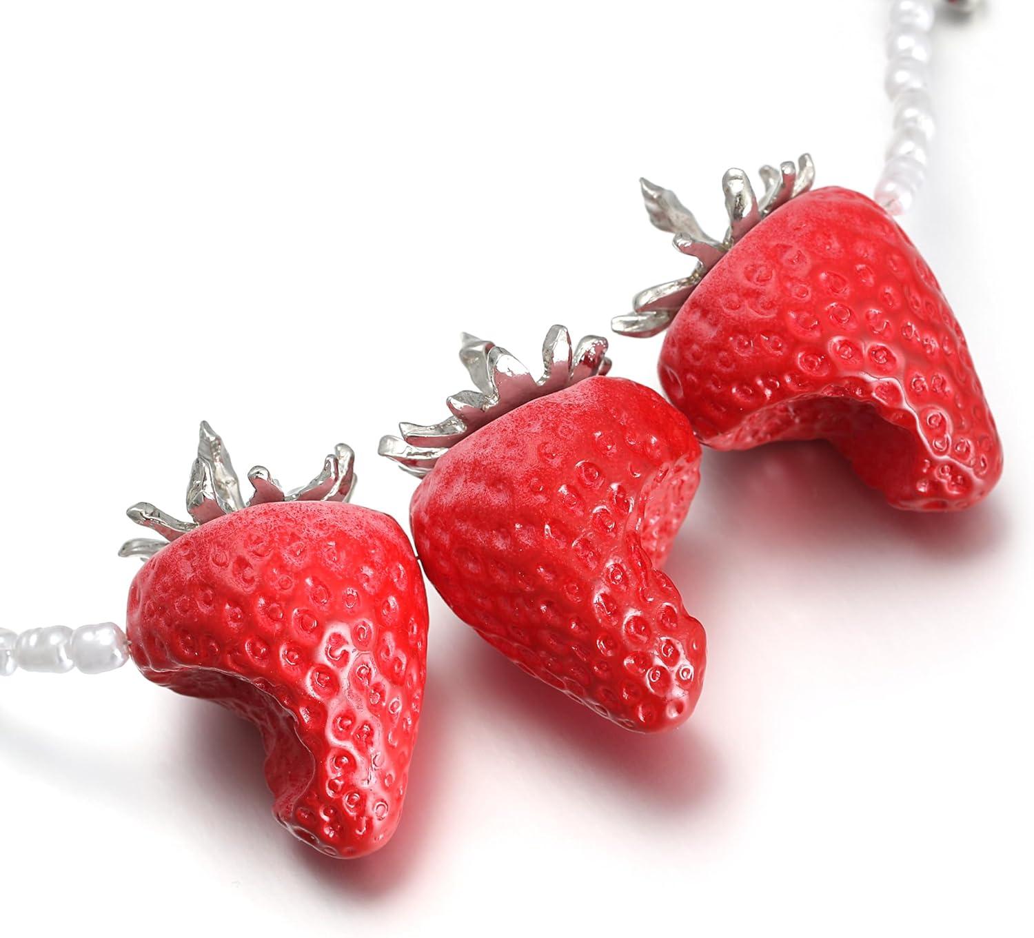 imageBriLove Cute Funny Strawberry Collar Neckalce for Women Summer Halloween Costume Cosplay Party Sweet Strawberries Lover Jewelry GiftsFive Strawberries