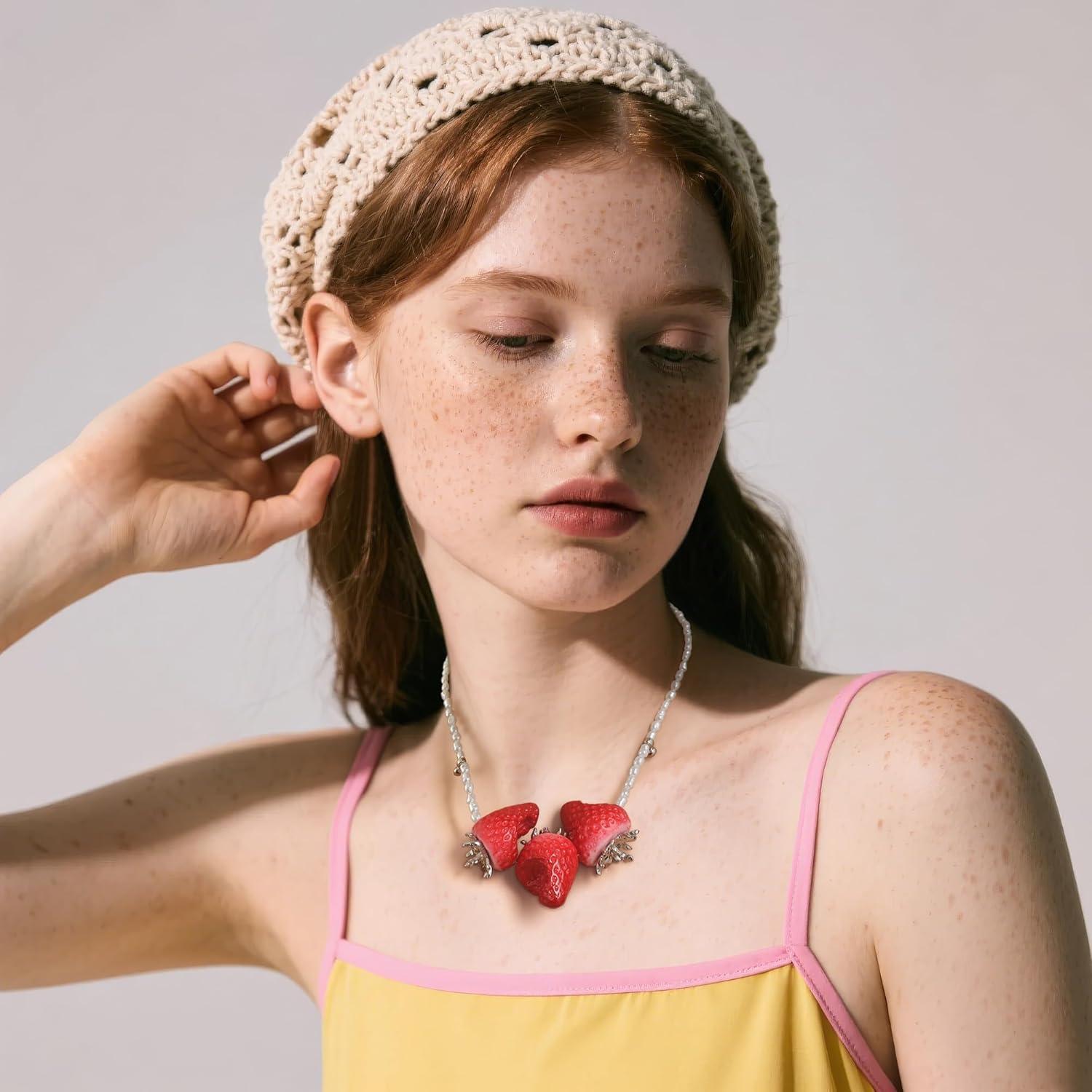 imageBriLove Cute Funny Strawberry Collar Neckalce for Women Summer Halloween Costume Cosplay Party Sweet Strawberries Lover Jewelry GiftsFive Strawberries