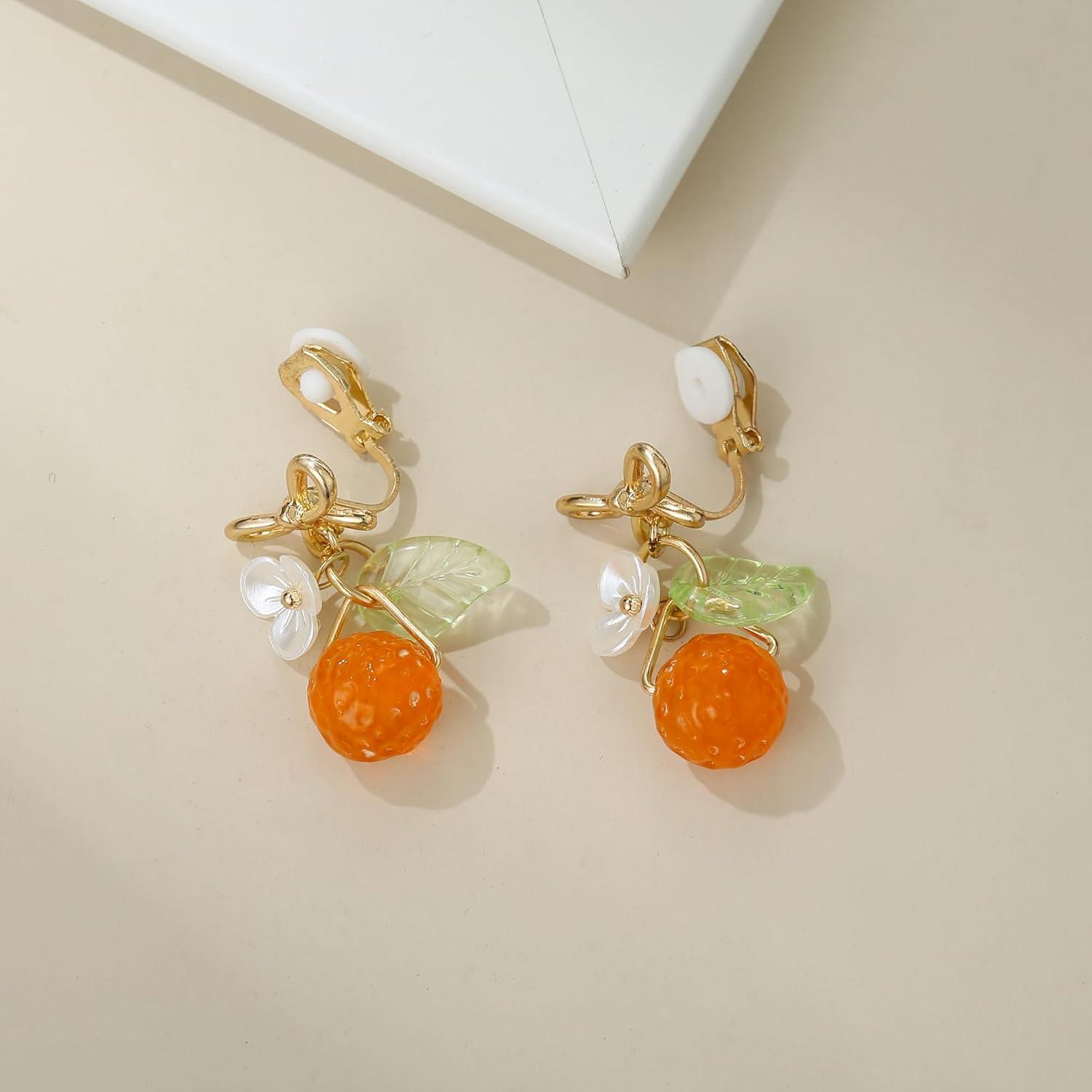 imageBriLove Cute Funny StudClip on Earrings For Women Orange Fruit Leaf Earring for Summer Beach Holiday Daily Wear Costume AccessoriesOrangeClip On