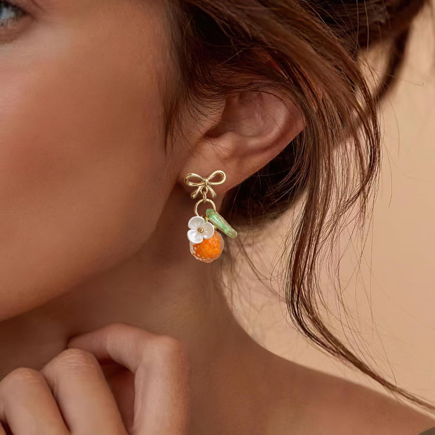 imageBriLove Cute Funny StudClip on Earrings For Women Orange Fruit Leaf Earring for Summer Beach Holiday Daily Wear Costume AccessoriesStud