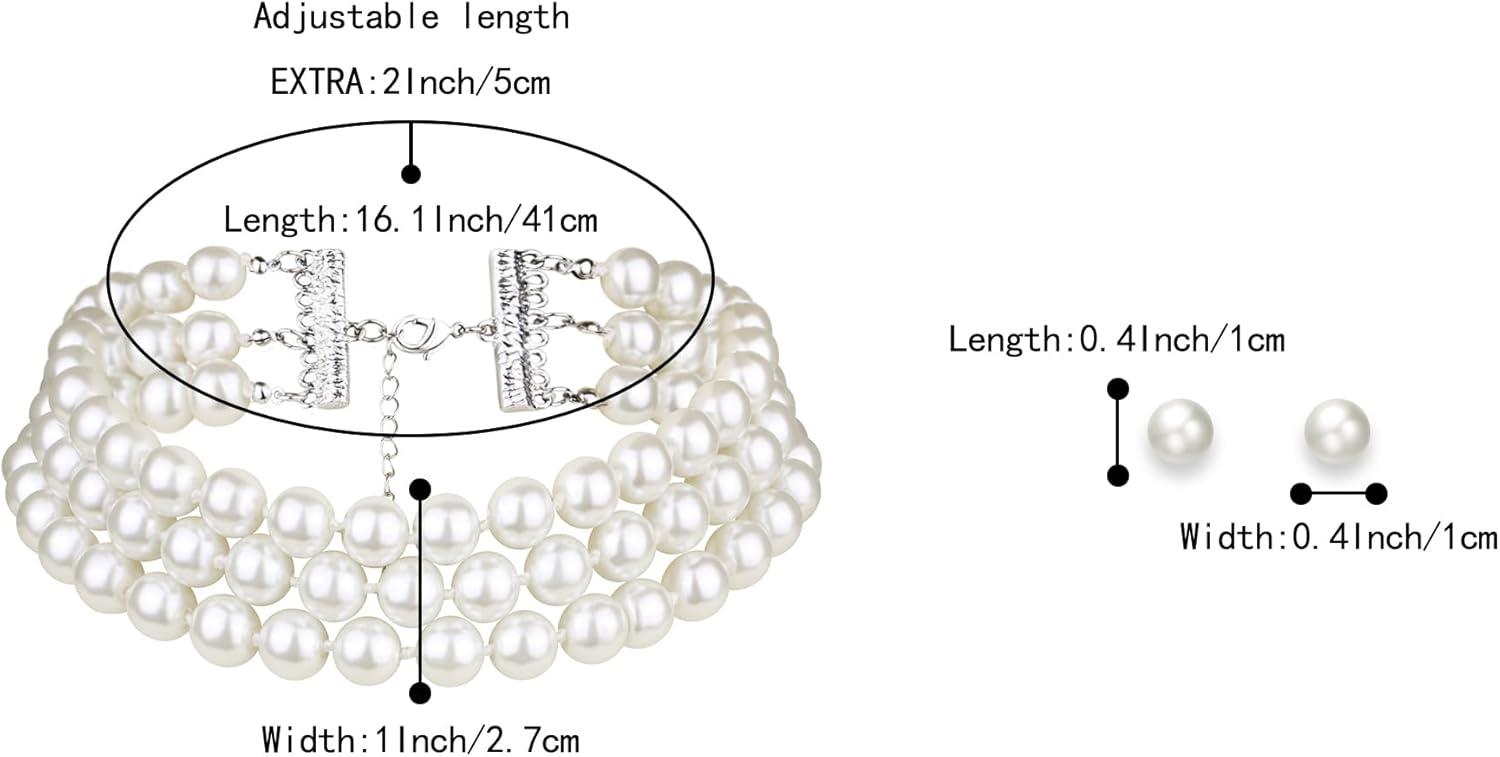 imageBriLove Elegant Round Cream Simulated Pearl 3 Strand Layered Pearl Choker Necklace Stud Earrings Link Bracelet Jewelry Set for Women Costume Cosplay Party Prom2Pcs