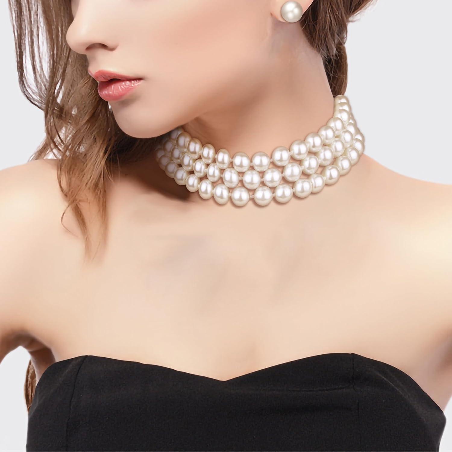 imageBriLove Elegant Round Cream Simulated Pearl 3 Strand Layered Pearl Choker Necklace Stud Earrings Link Bracelet Jewelry Set for Women Costume Cosplay Party Prom3Pcs