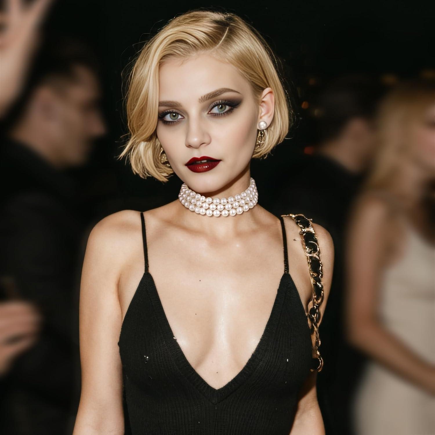 imageBriLove Elegant Round Cream Simulated Pearl 3 Strand Layered Pearl Choker Necklace Stud Earrings Link Bracelet Jewelry Set for Women Costume Cosplay Party Prom2Pcs