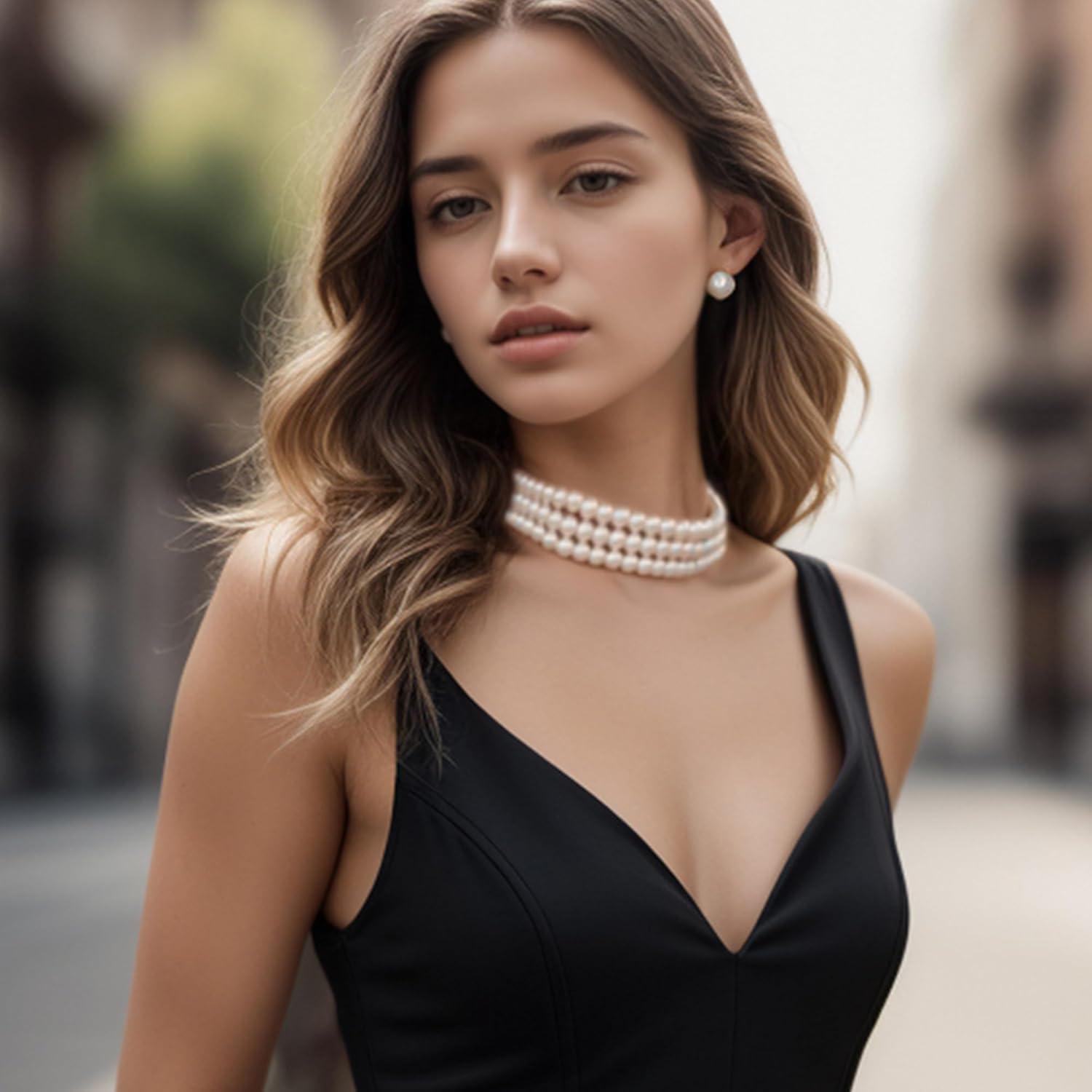 imageBriLove Elegant Round Cream Simulated Pearl 3 Strand Layered Pearl Choker Necklace Stud Earrings Link Bracelet Jewelry Set for Women Costume Cosplay Party Prom2Pcs