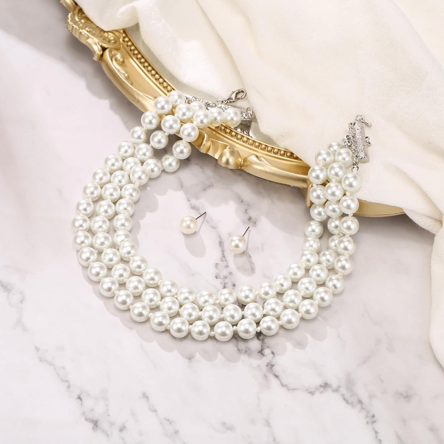 imageBriLove Elegant Round Cream Simulated Pearl 3 Strand Layered Pearl Choker Necklace Stud Earrings Link Bracelet Jewelry Set for Women Costume Cosplay Party Prom2Pcs