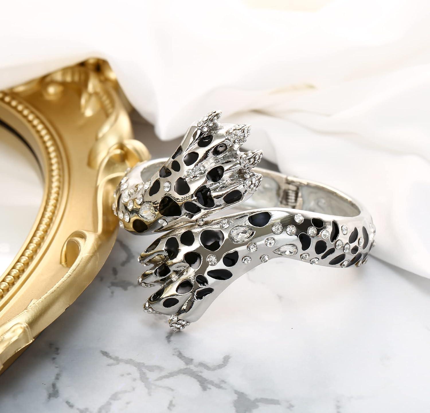 imageBriLove Fashion Animal Crystal Enamel Leopard Cuff Bracelet for WomenClear SilverTone