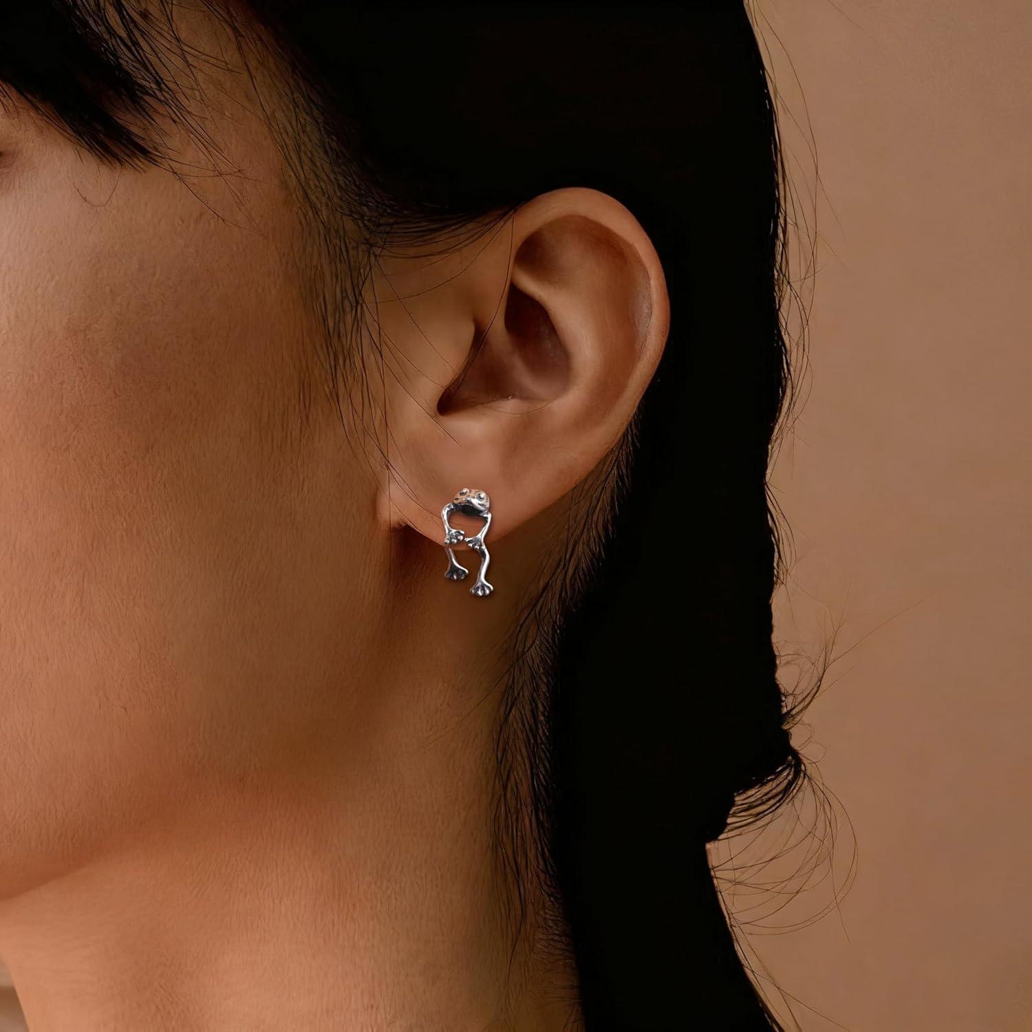 imageBriLove Frog Earring for WomenVintage Funny Frogs Shaped 925 Sterling Silver Post Stud Earrings 3D Animal Unique Costume Jewelry GiftsAntiqueSilverTone