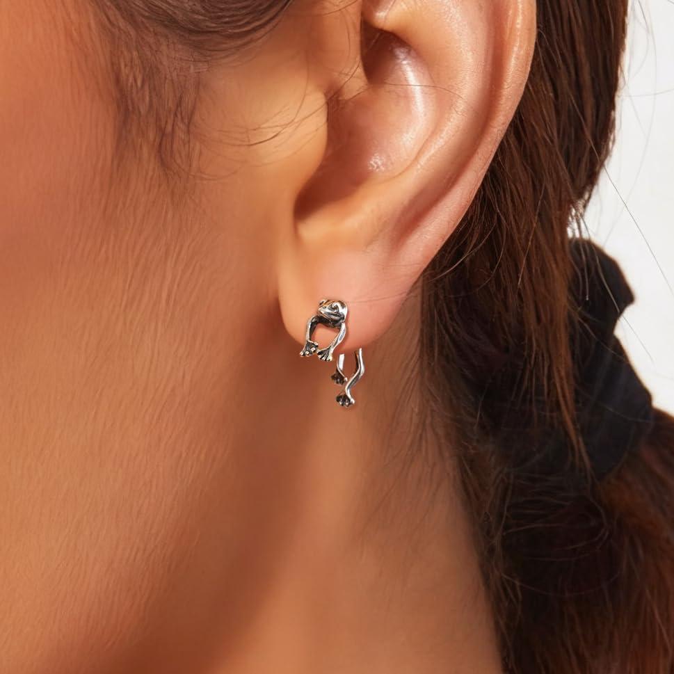 imageBriLove Frog Earring for WomenVintage Funny Frogs Shaped 925 Sterling Silver Post Stud Earrings 3D Animal Unique Costume Jewelry GiftsAntiqueSilverTone