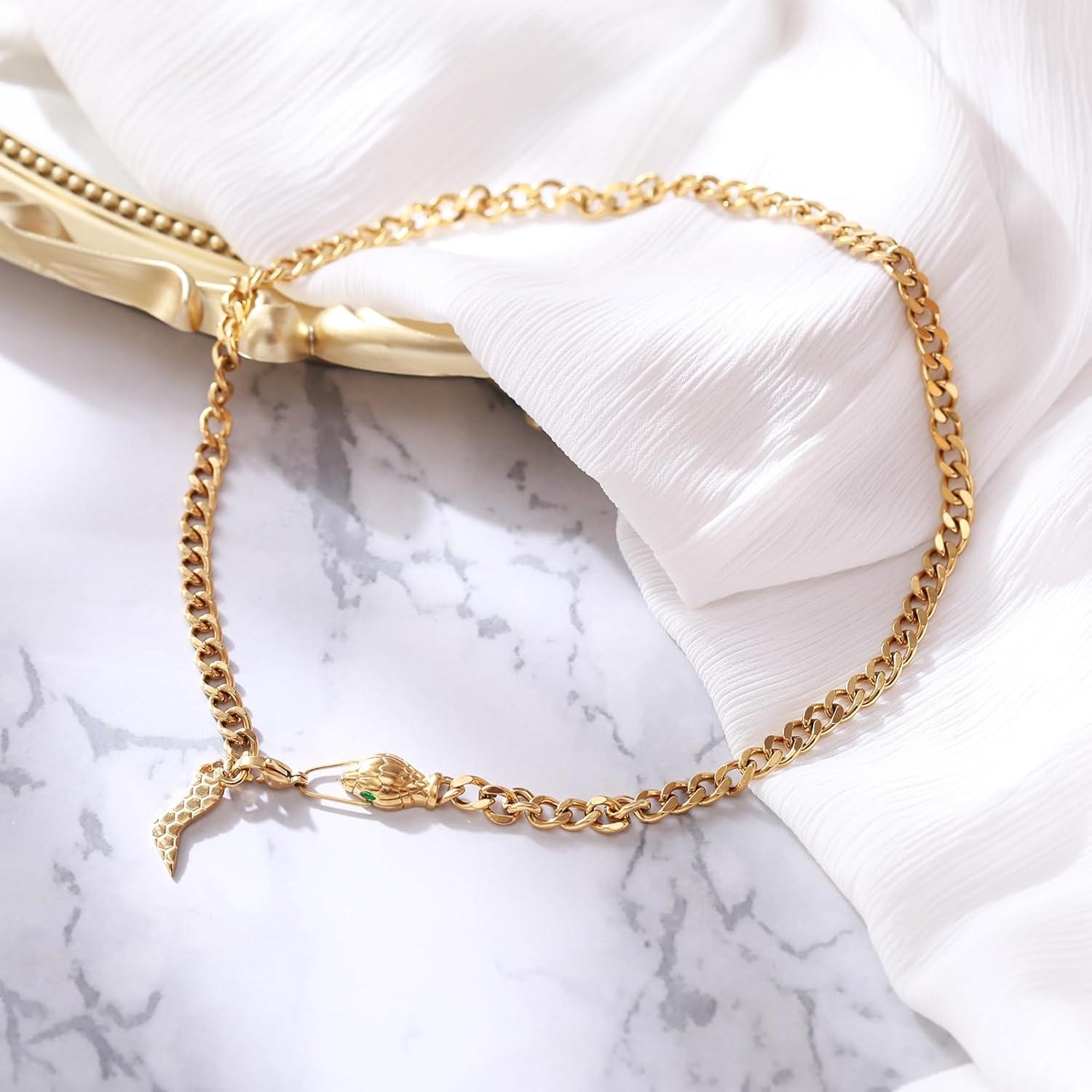 imageBriLove Gothic Punk Flexible Snake Choker Strand Necklace for Costume Shiny Rhinestones Halloween Adjustable Jewelry Women Party Accessories Gold