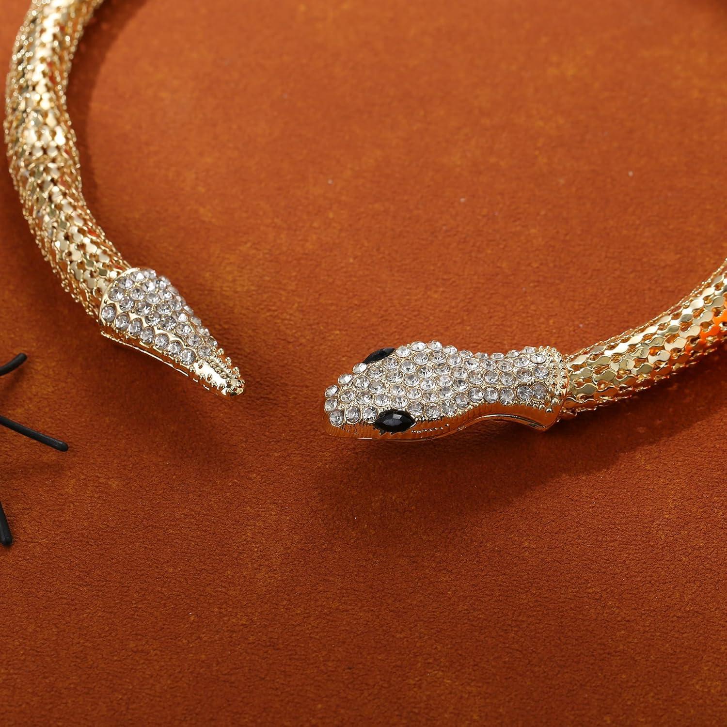 imageBriLove Gothic Punk Flexible Snake Choker Strand Necklace for Costume Shiny Rhinestones Halloween Snake Jewelry for Women Cosplay Party AccessoriesClear GoldTone