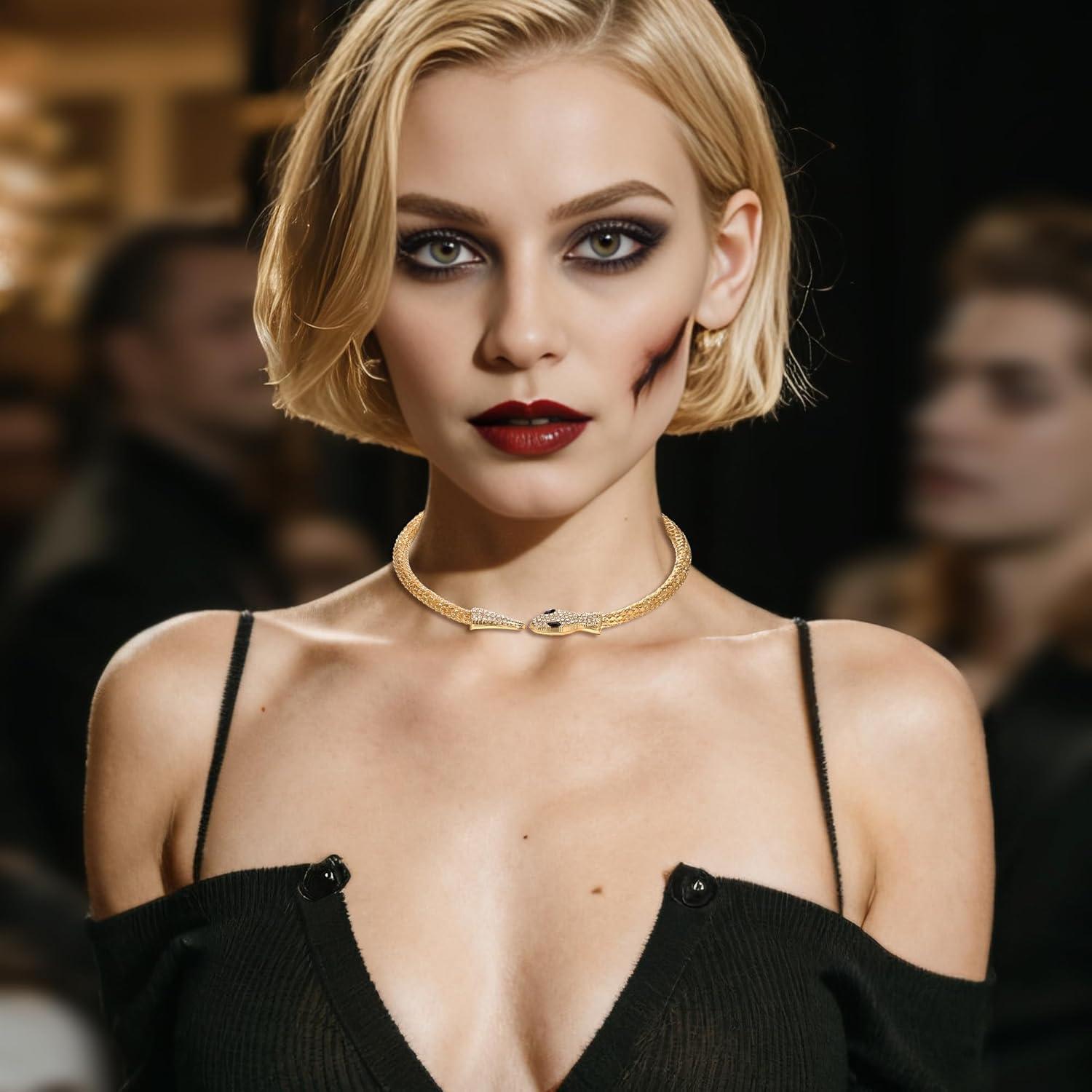 imageBriLove Gothic Punk Flexible Snake Choker Strand Necklace for Costume Shiny Rhinestones Halloween Snake Jewelry for Women Cosplay Party AccessoriesClear GoldTone