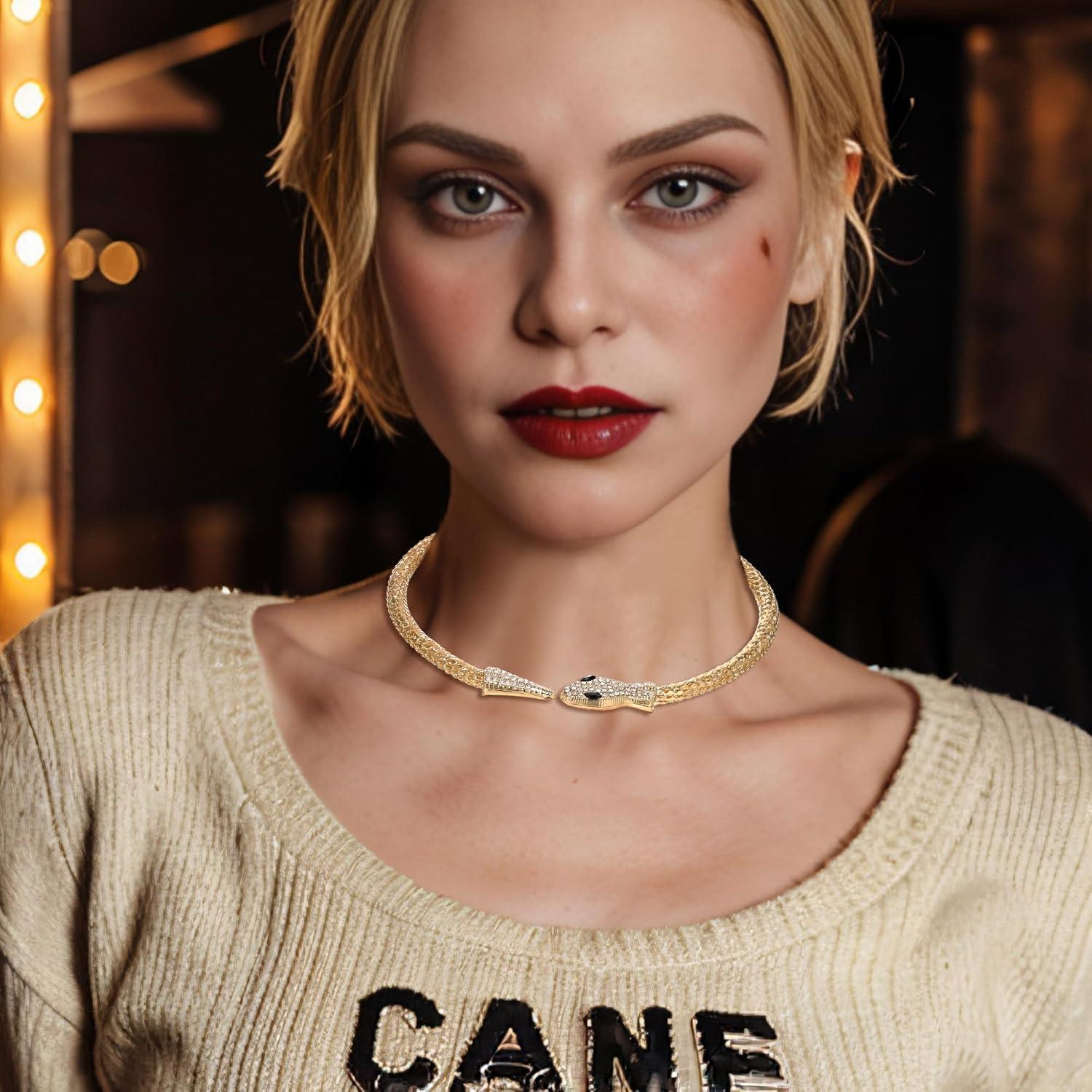 imageBriLove Gothic Punk Flexible Snake Choker Strand Necklace for Costume Shiny Rhinestones Halloween Snake Jewelry for Women Cosplay Party AccessoriesClear GoldTone