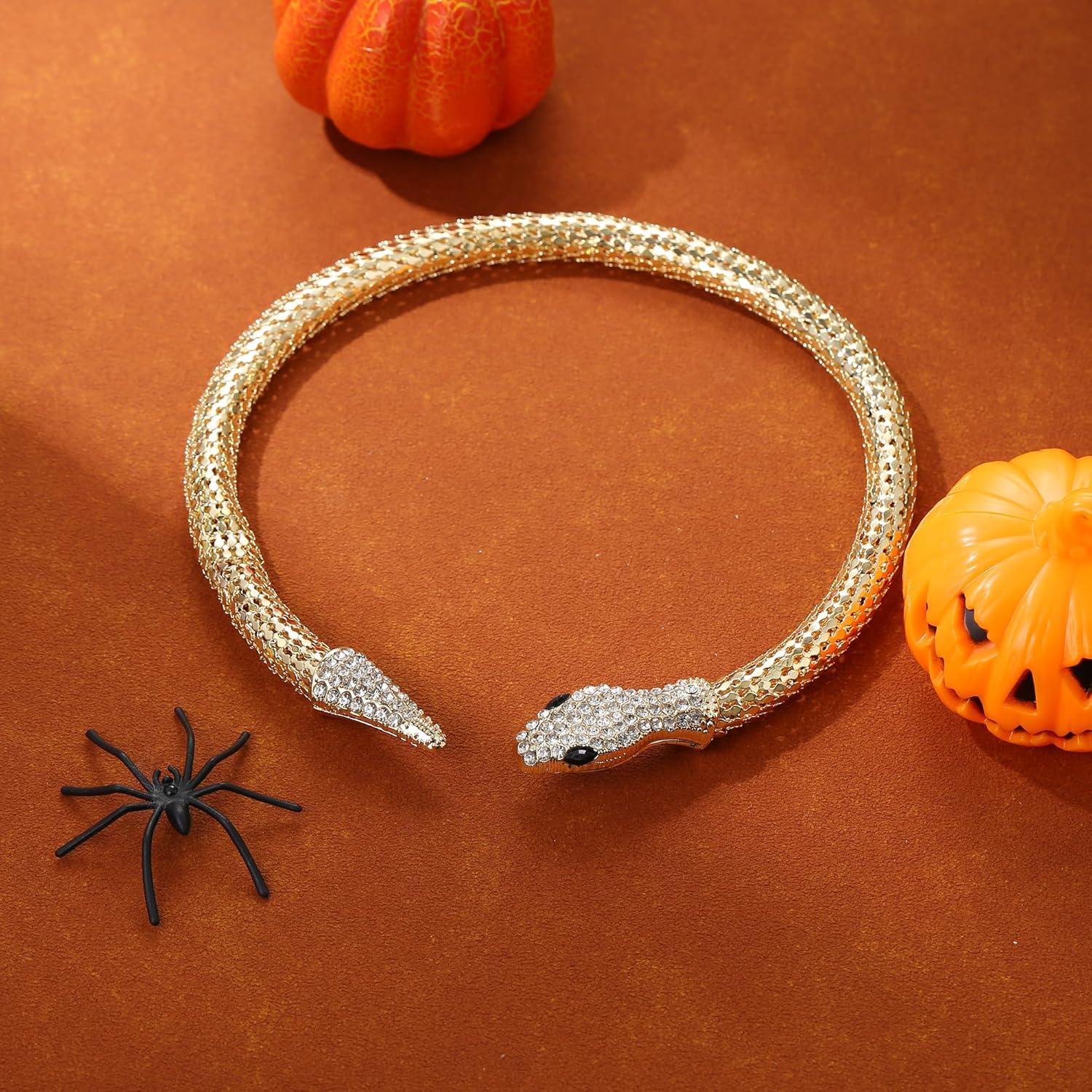 imageBriLove Gothic Punk Flexible Snake Choker Strand Necklace for Costume Shiny Rhinestones Halloween Snake Jewelry for Women Cosplay Party AccessoriesClear GoldTone