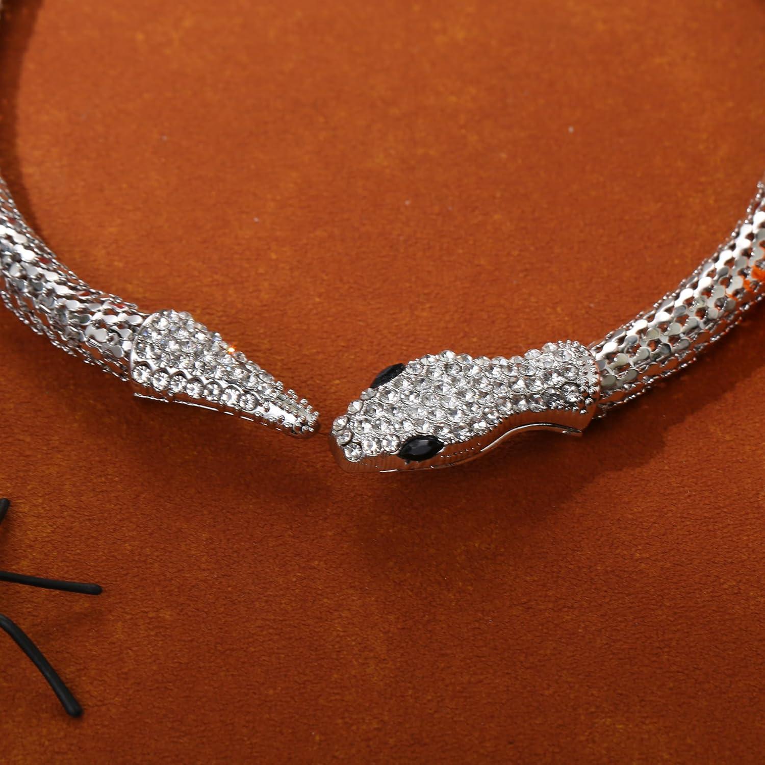 imageBriLove Gothic Punk Flexible Snake Choker Strand Necklace for Costume Shiny Rhinestones Halloween Snake Jewelry for Women Cosplay Party AccessoriesClear SilverTone