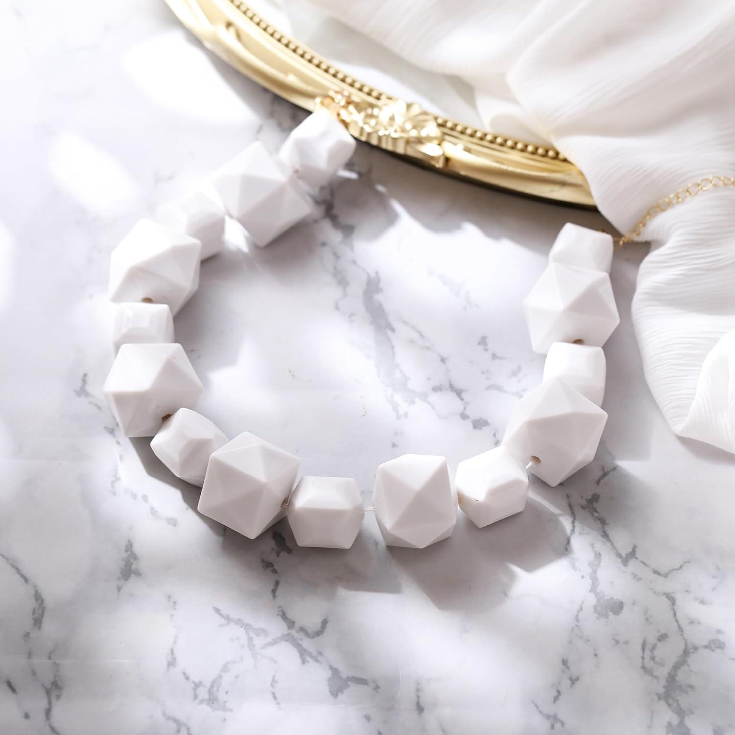 imageBriLove Halloween Costumes Necklace for Women Costume Geometric White Beads Strand Choker Necklaces Jewelry for Cosplay Party Prom AccessoryWhite GoldTone