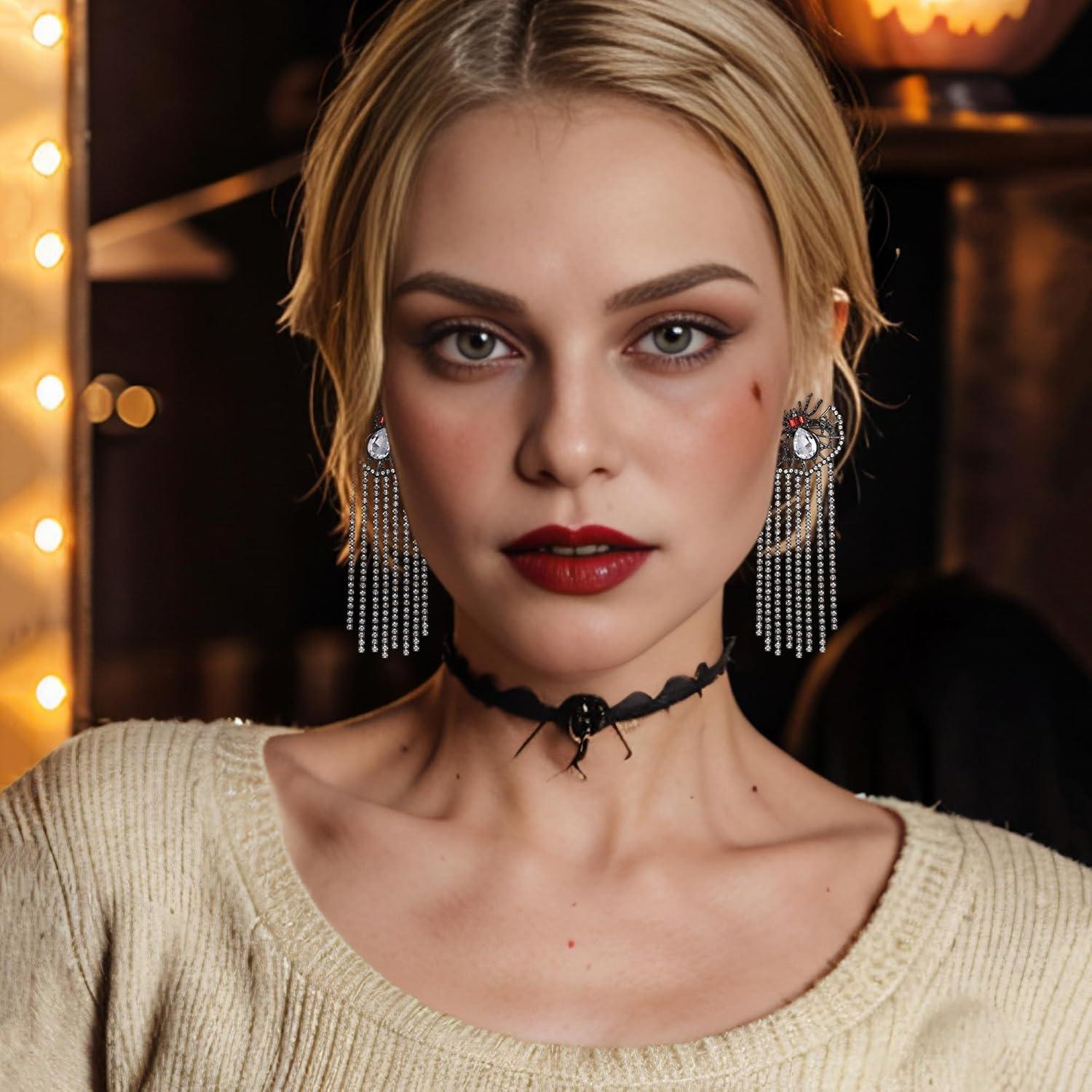 imageBriLove Halloween Vintage Punk Spider Earrings for WomenCostume Gothic Sparkling Rhinestone Tassel Dangle Drop Earring for Cosplay Party Prom Accessory