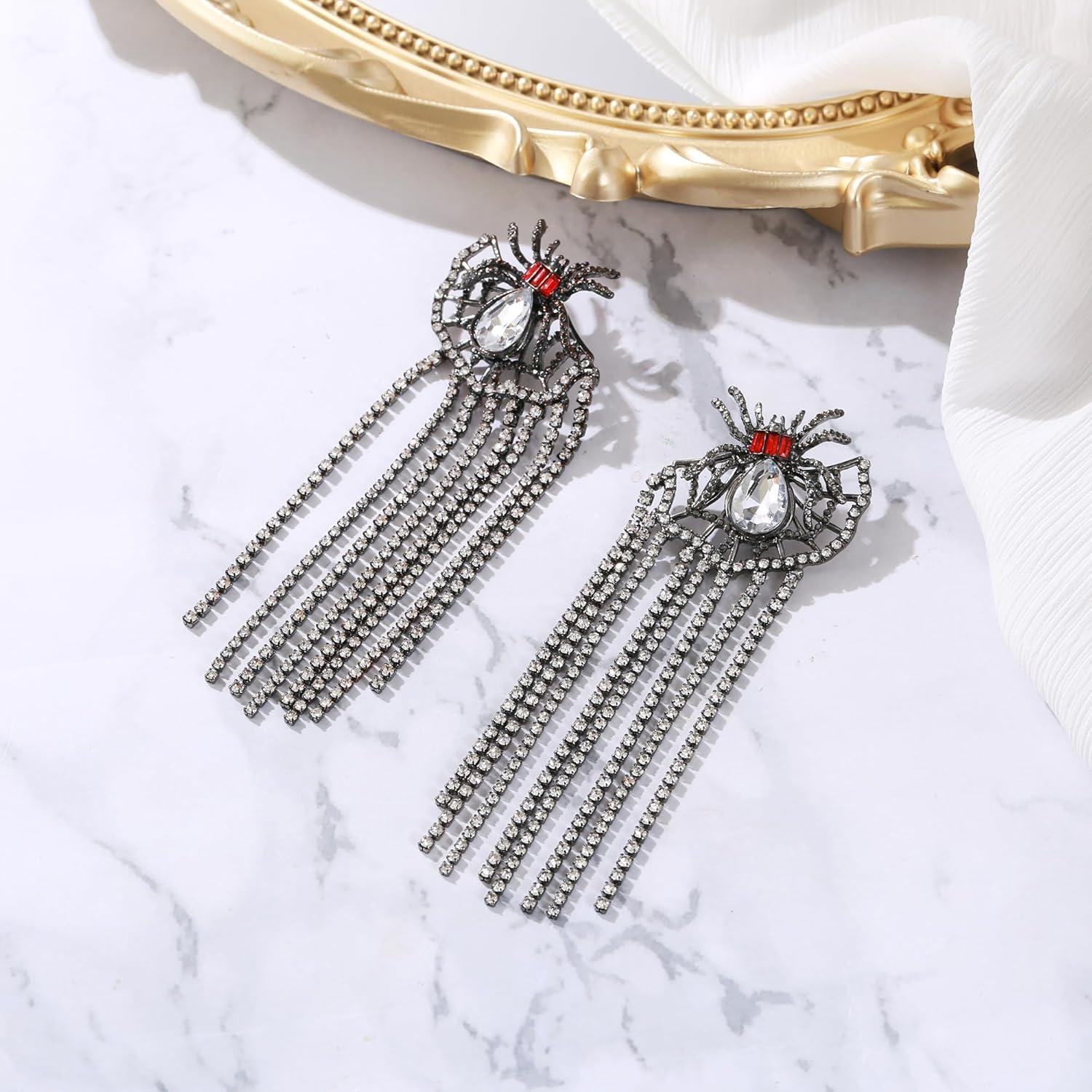 imageBriLove Halloween Vintage Punk Spider Earrings for WomenCostume Gothic Sparkling Rhinestone Tassel Dangle Drop Earring for Cosplay Party Prom Accessory