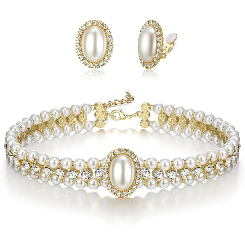 imageBriLove 1920s Costume Jewelry Set for WomenVintage Multilayer Simulated Pearl Crystal Necklace Bracelet Earrings Cosplay Party Accessories2pcs ClipOn