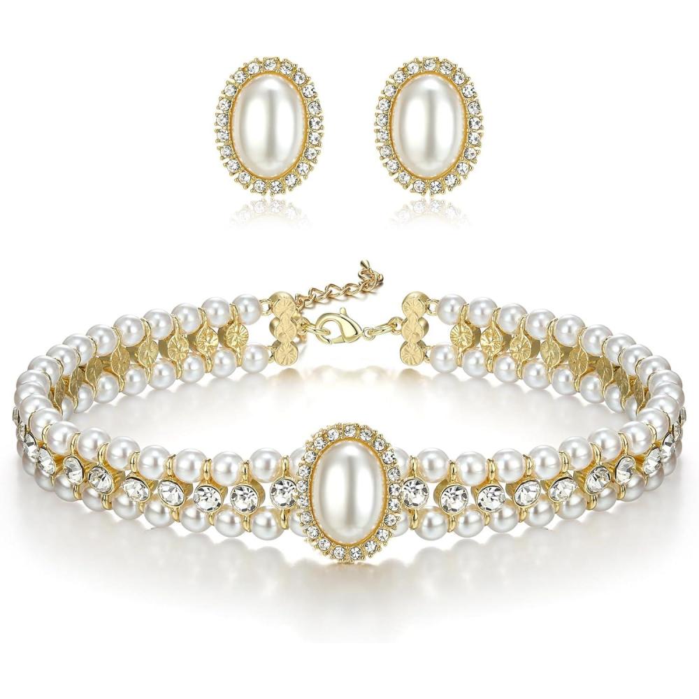 imageBriLove 1920s Costume Jewelry Set for WomenVintage Multilayer Simulated Pearl Crystal Necklace Bracelet Earrings Cosplay Party Accessories2pcs Stud