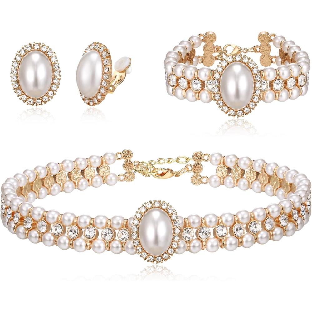 imageBriLove 1920s Costume Jewelry Set for WomenVintage Multilayer Simulated Pearl Crystal Necklace Bracelet Earrings Cosplay Party AccessoriesClipOn