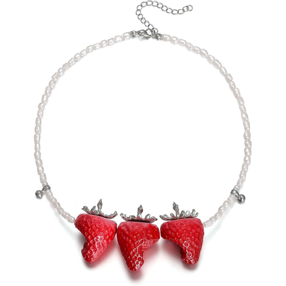 imageBriLove Cute Funny Strawberry Collar Neckalce for Women Summer Halloween Costume Cosplay Party Sweet Strawberries Lover Jewelry GiftsFive Strawberries