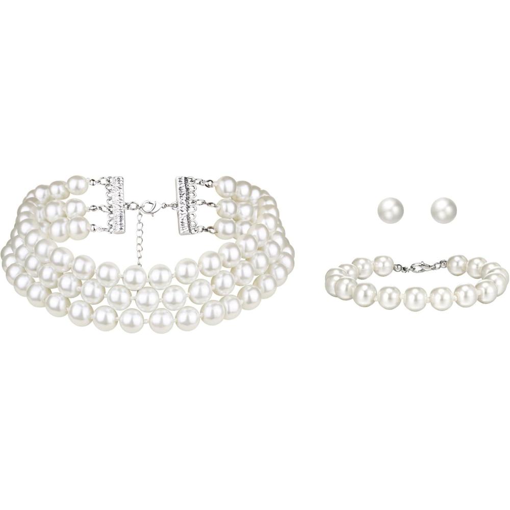 imageBriLove Elegant Round Cream Simulated Pearl 3 Strand Layered Pearl Choker Necklace Stud Earrings Link Bracelet Jewelry Set for Women Costume Cosplay Party Prom3Pcs