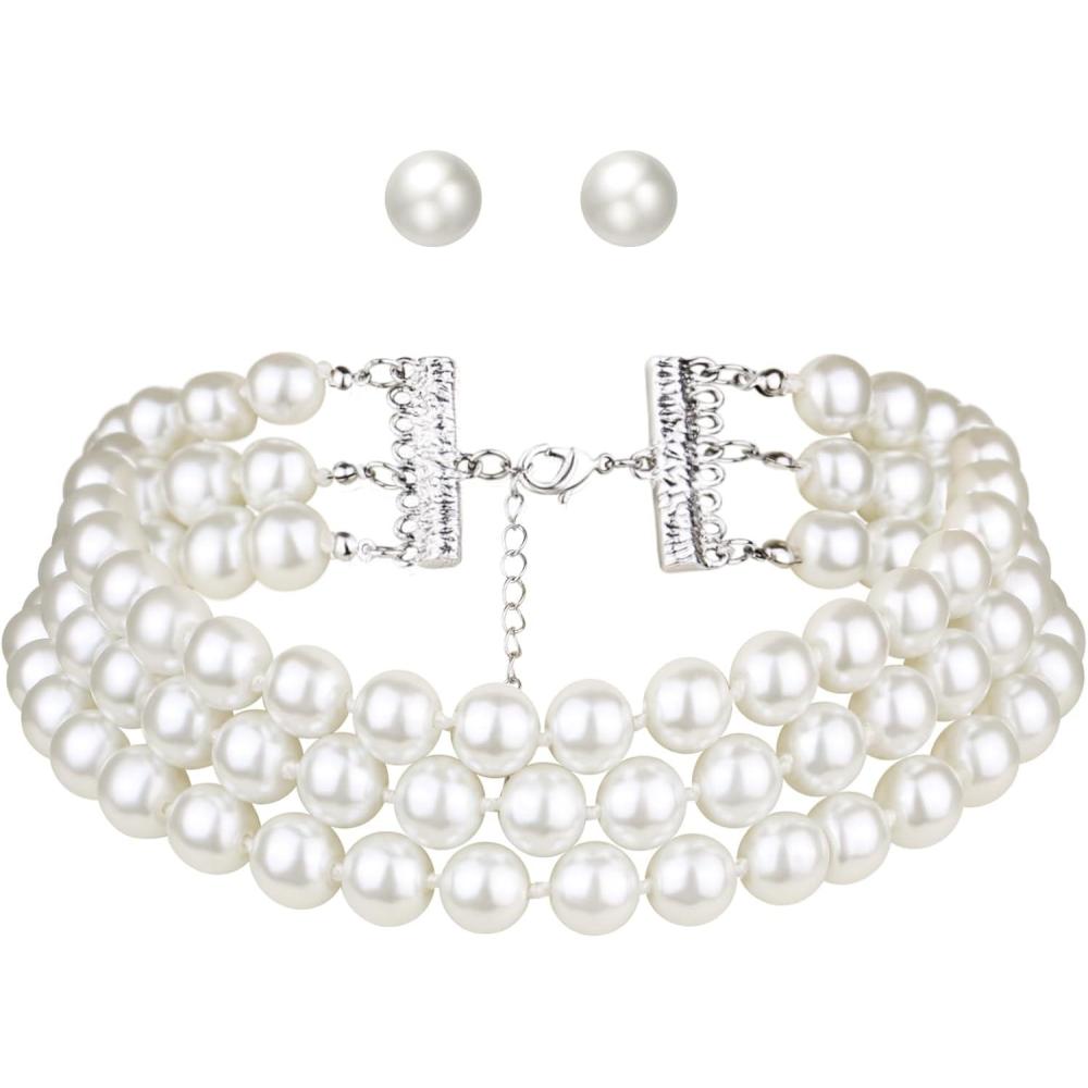 imageBriLove Elegant Round Cream Simulated Pearl 3 Strand Layered Pearl Choker Necklace Stud Earrings Link Bracelet Jewelry Set for Women Costume Cosplay Party Prom2Pcs