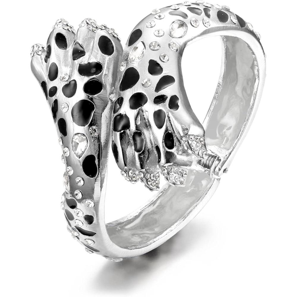 imageBriLove Fashion Animal Crystal Enamel Leopard Cuff Bracelet for WomenClear SilverTone