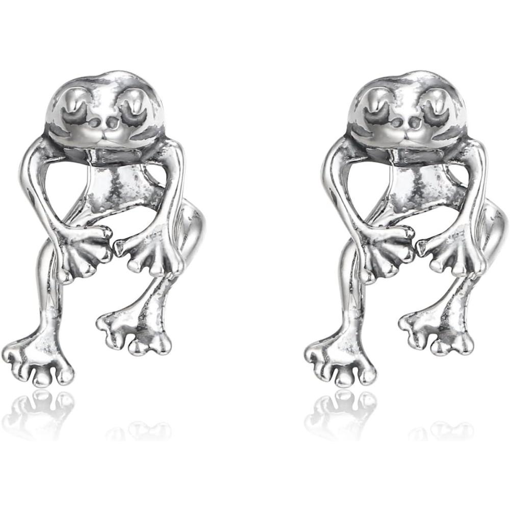 imageBriLove Frog Earring for WomenVintage Funny Frogs Shaped 925 Sterling Silver Post Stud Earrings 3D Animal Unique Costume Jewelry GiftsAntiqueSilverTone