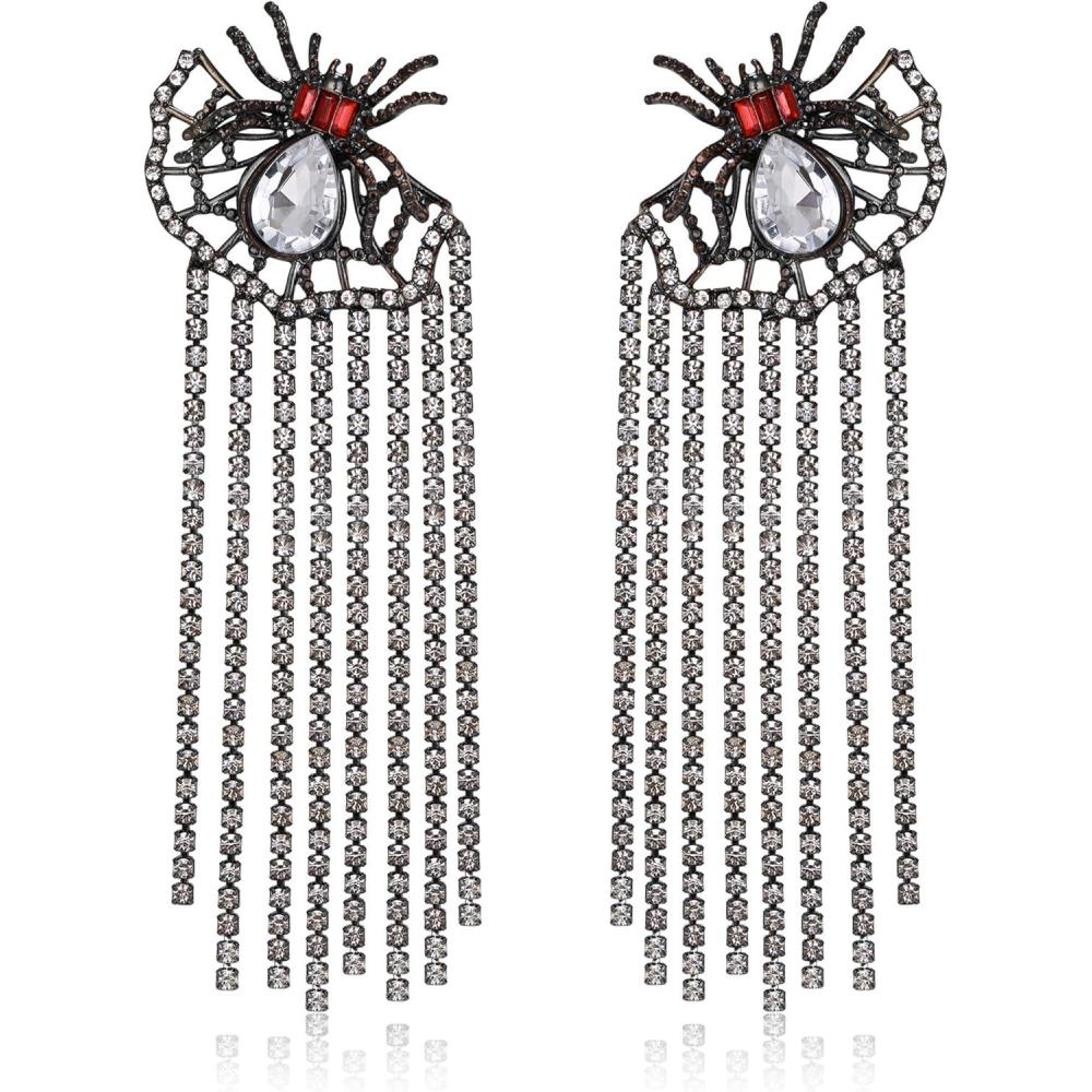 imageBriLove Halloween Vintage Punk Spider Earrings for WomenCostume Gothic Sparkling Rhinestone Tassel Dangle Drop Earring for Cosplay Party Prom Accessory