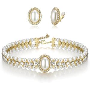 imageBriLove 1920s Costume Jewelry Set for WomenVintage Multilayer Simulated Pearl Crystal Necklace Bracelet Earrings Cosplay Party Accessories2pcs ClipOn