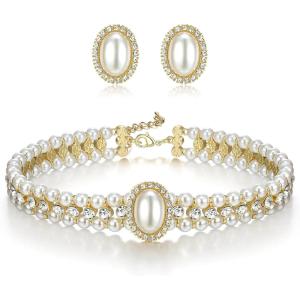 imageBriLove 1920s Costume Jewelry Set for WomenVintage Multilayer Simulated Pearl Crystal Necklace Bracelet Earrings Cosplay Party Accessories2pcs Stud