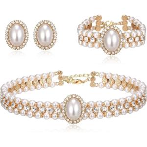 imageBriLove 1920s Costume Jewelry Set for WomenVintage Multilayer Simulated Pearl Crystal Necklace Bracelet Earrings Cosplay Party AccessoriesStud