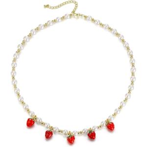imageBriLove Cute Funny Strawberry Collar Neckalce for Women Summer Halloween Costume Cosplay Party Sweet Strawberries Lover Jewelry GiftsThree Strawberries