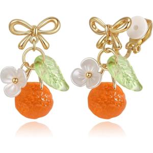 imageBriLove Cute Funny StudClip on Earrings For Women Orange Fruit Leaf Earring for Summer Beach Holiday Daily Wear Costume AccessoriesOrangeClip On