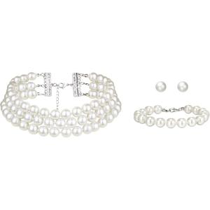 imageBriLove Elegant Round Cream Simulated Pearl 3 Strand Layered Pearl Choker Necklace Stud Earrings Link Bracelet Jewelry Set for Women Costume Cosplay Party Prom3Pcs