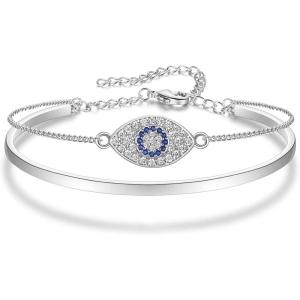 imageBriLove Evil Eye Bracelets Dainty Adjustable Layered Link Cubic Zirconia Bracelet Jewelry Gift for Women