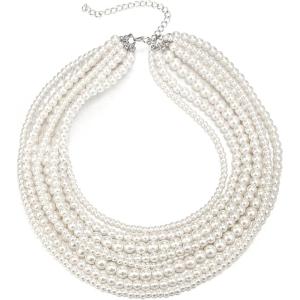 imageBriLove Vintage 1920s Costume Jewelry Multilayer Imitation Pearls Art Deco Chunky Strand Choker Necklace for Women Halloween Cosplay Party Prom AccessoriesIvory Color
