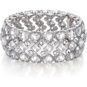 imageBriLove Wedding Bridal Bracelet for Women Heart Rhinestones Prismatic Stretch Bangle Bracelets