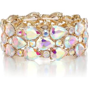 imageBriLove Wedding Bridal Elegant Crystal Double Row Teardrop Cluster Stretch Bangle Bracelet for Bride3LayerIridescent AB