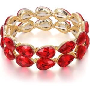 imageBriLove Wedding Bridal Elegant Crystal Double Row Teardrop Cluster Stretch Bangle Bracelet for BrideRuby Color GoldToned