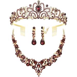 imageBriLove Alloy Crystal Teardrop Cluster Statement Necklace Clipon Earrings Tiara SetAmethyst Color GoldTone