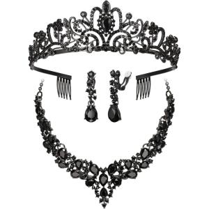 imageBriLove Alloy Crystal Teardrop Cluster Statement Necklace Clipon Earrings Tiara SetBlack BlackTone
