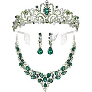 imageBriLove Alloy Crystal Teardrop Cluster Statement Necklace Clipon Earrings Tiara SetEmerald Color SilverTone