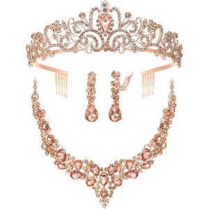 imageBriLove Alloy Crystal Teardrop Cluster Statement Necklace Clipon Earrings Tiara SetPeach RoseGoldTone