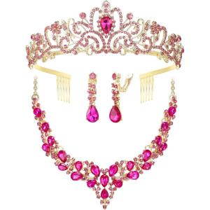 imageBriLove Alloy Crystal Teardrop Cluster Statement Necklace Clipon Earrings Tiara SetPink GoldTone
