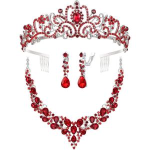 imageBriLove Alloy Crystal Teardrop Cluster Statement Necklace Clipon Earrings Tiara SetRuby Color SilverTone