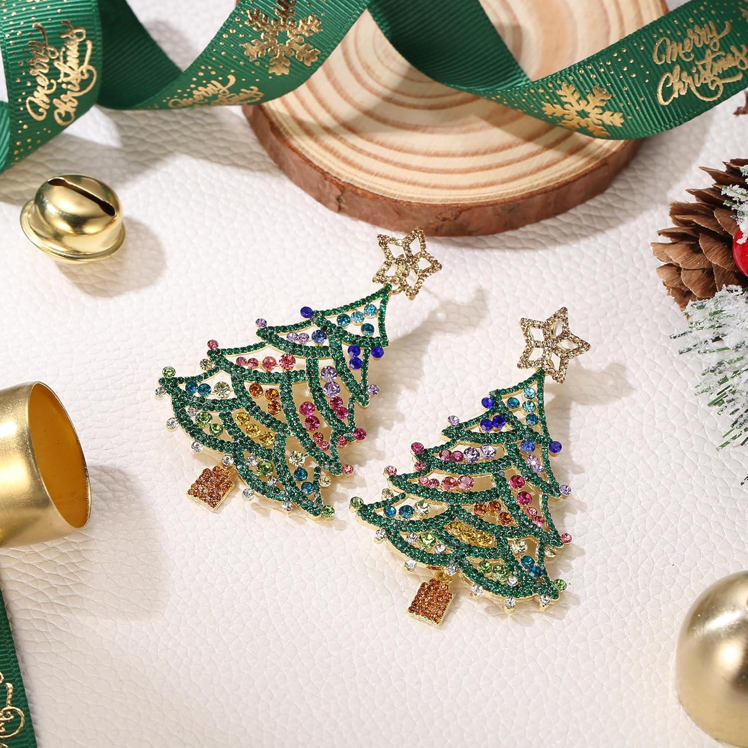 imageBriLove Christmas Earrings for Women Shiny Rhinestone Star Xmas Tree Drop Dangle Earring Festival Decor Holiday Party Jewelry GiftEmerald Color GoldTone